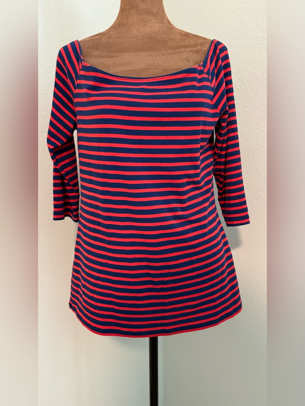 Navy and Red Striped Off Shoulder 3/4 Sleeve Top